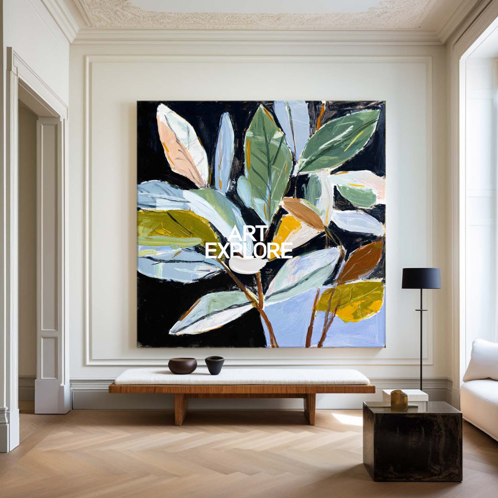 Hand-Painted Textured Nature Canvas Modern Black Background Art