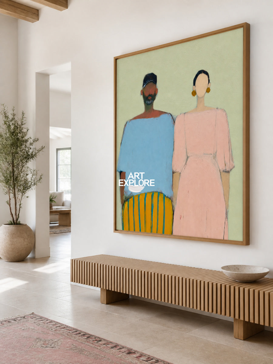 Modern Abstract Couple Painting Blue Pink Original Art For Living Room
