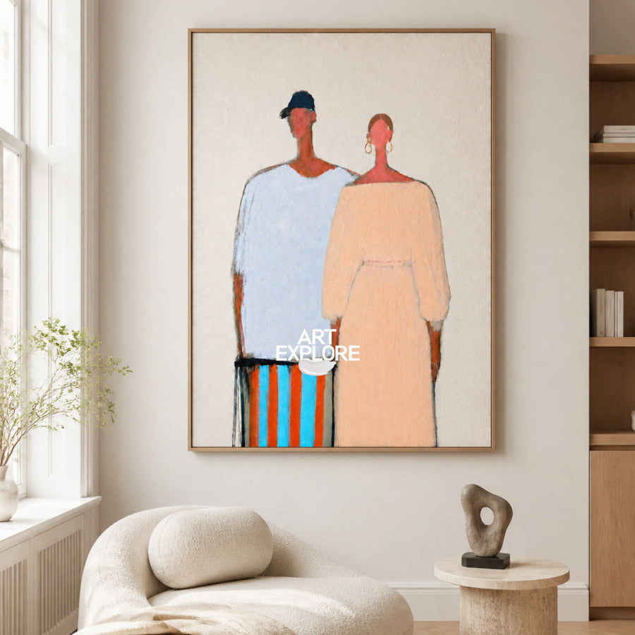 Abstract Figure Painting In Beige And Blue And Beige For Living Room Wall Art