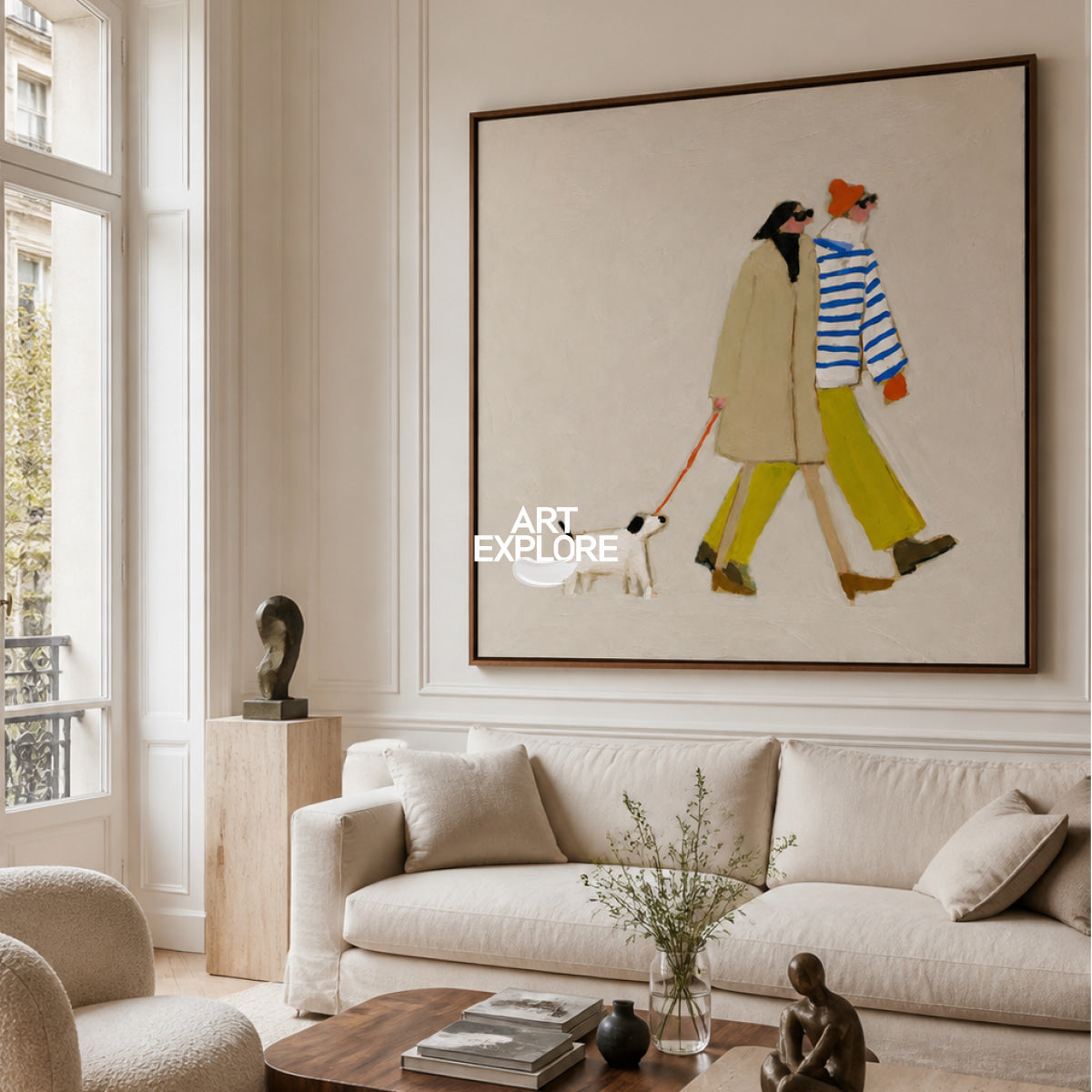 Dog Walking Couple Artwork Square Canvas Print With Vibrant Accents For Entryway