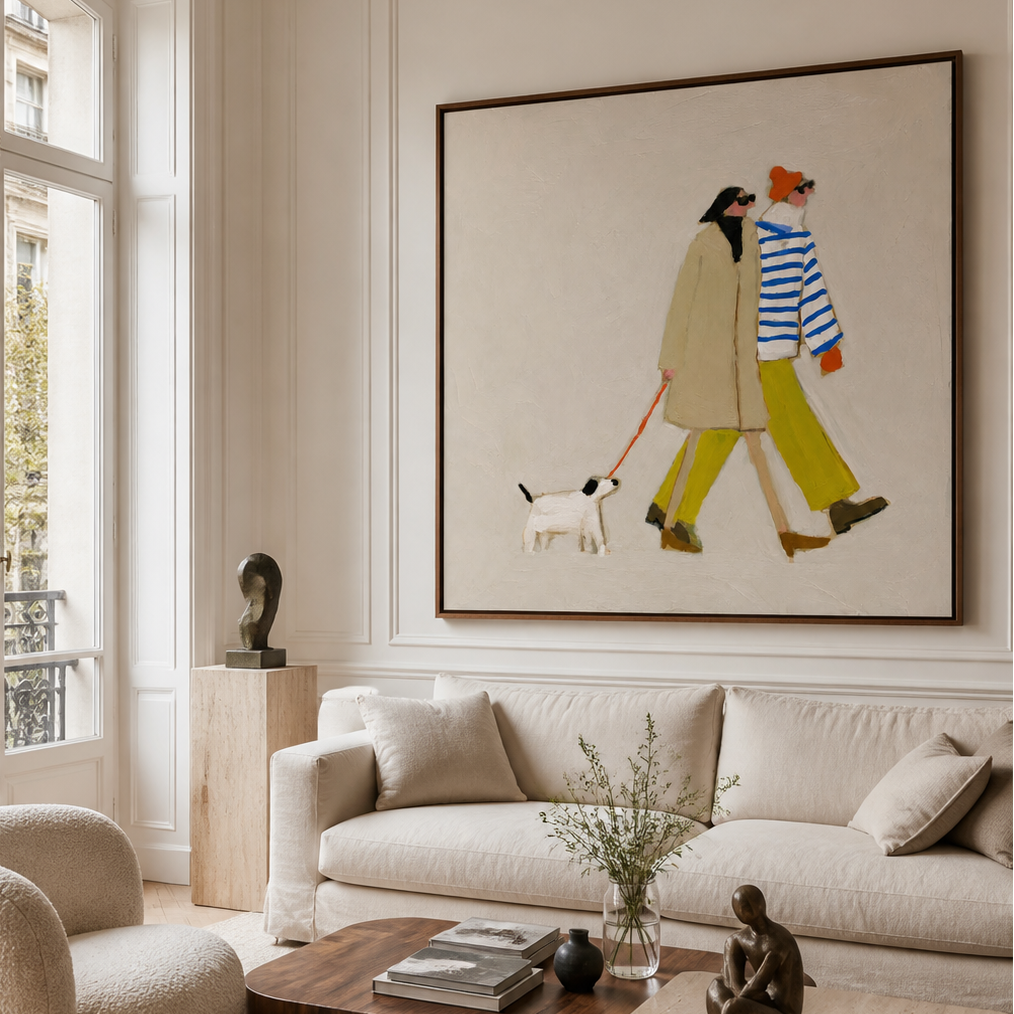 Dog Walking Couple Artwork Square Canvas Print With Vibrant Accents For Entryway