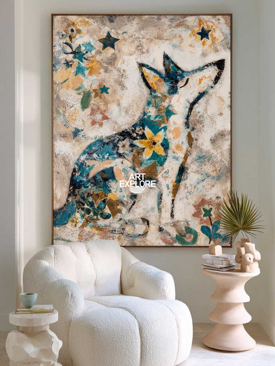 Modern Abstract Animal Art Beige And Blue Wolf Painting For Living Room Decor