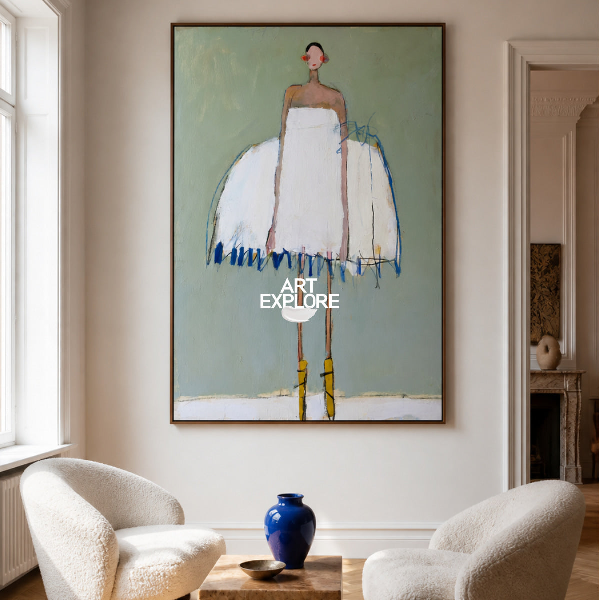 Minimalist Woman Painting White Dress Modern Art For Living Room