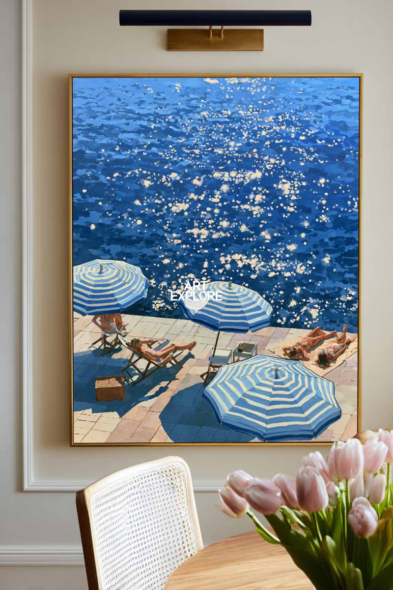 Blue And White Beach Painting For Modern Coastal Living Room Summer Decor