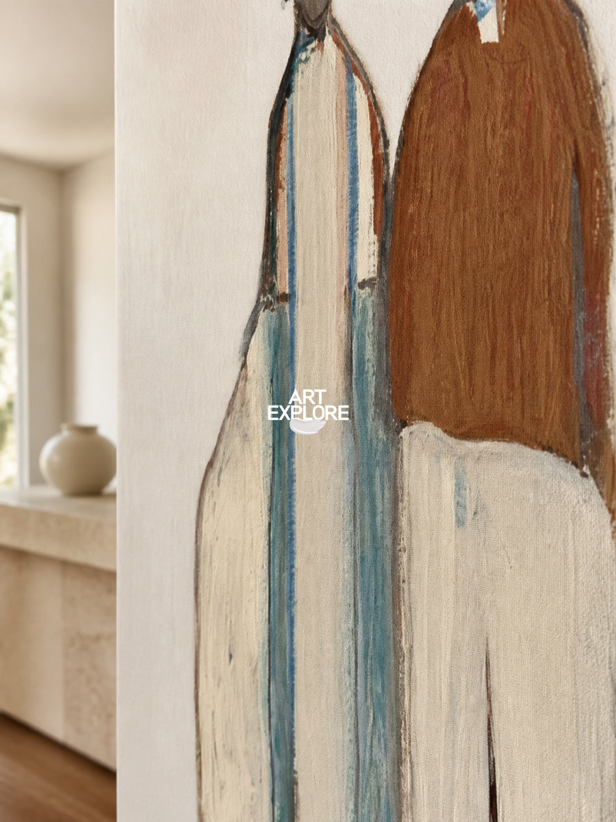 Minimalist Figurative Art Painting In Beige And Brown For Modern Home Decor