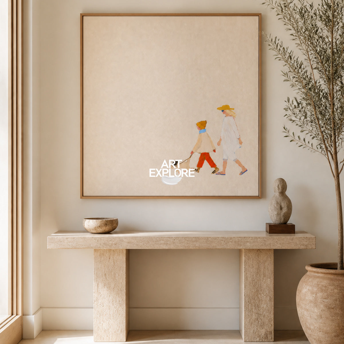 Minimalist Mother Child Dog Painting Beige Square Canvas Wall Art For Nursery