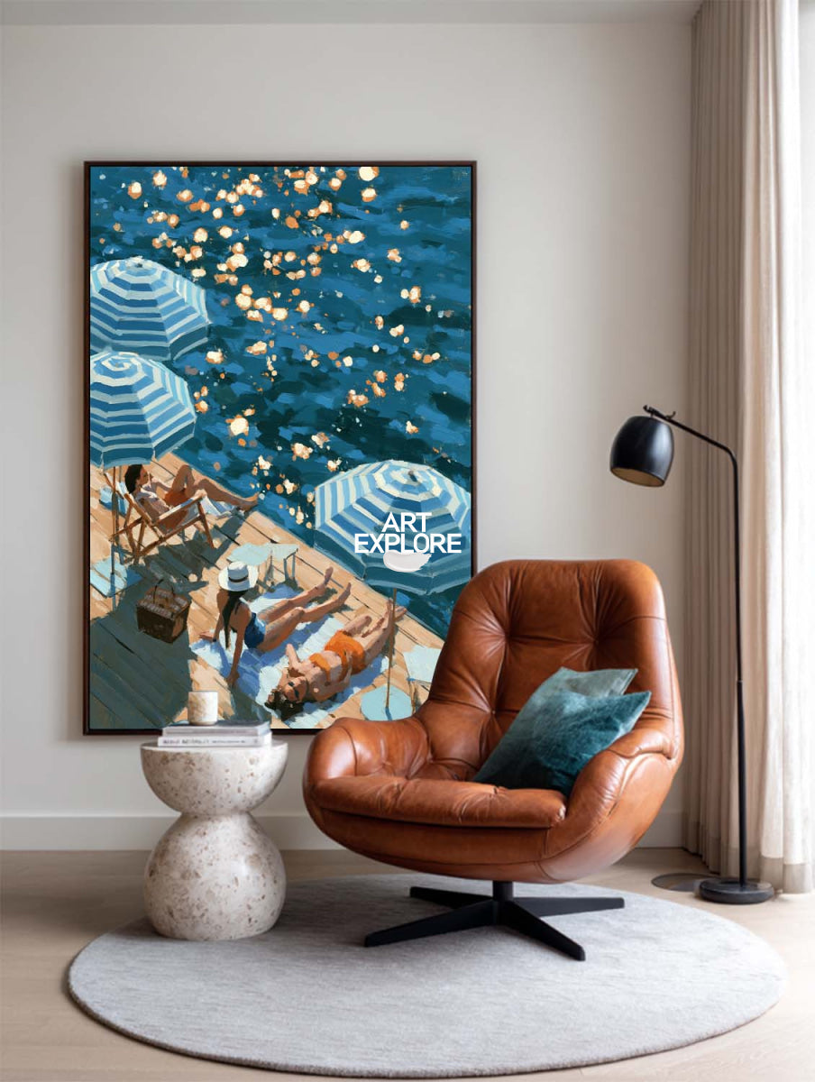Abstract Blue Ocean Painting For Modern Coastal Living Room Decor With Summer Vacation Vibe