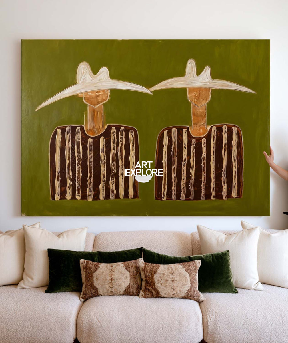 Minimalist Folk Art Painting Green And Brown Abstract Figures For Modern Home Decor