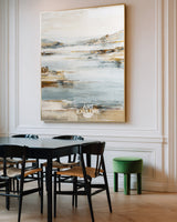 Handmade Beige Blue Abstract Lake Art Large Vertical Oil on Canvas ArtExplore