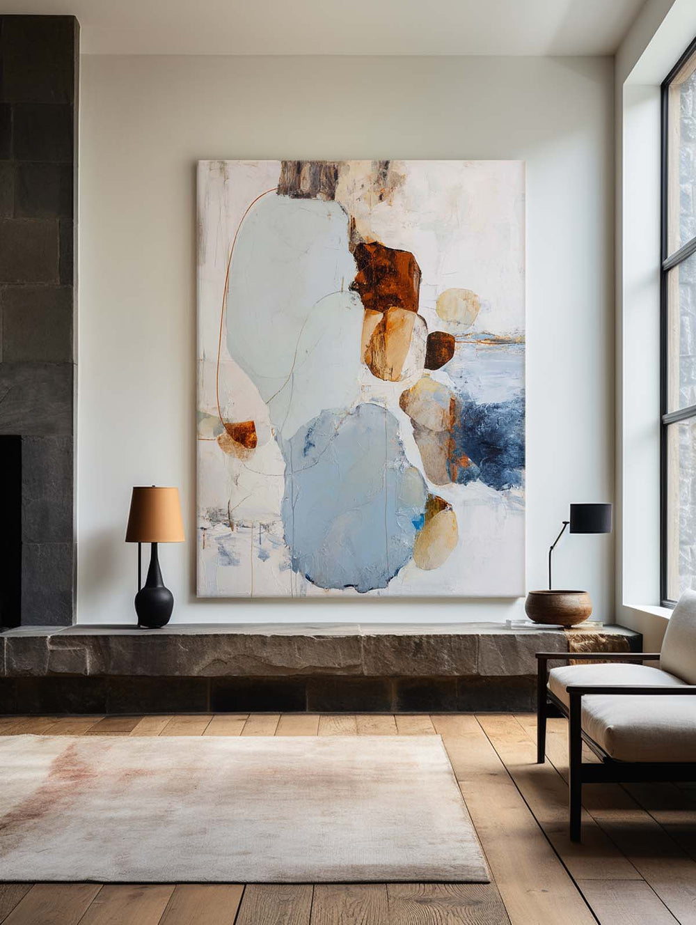 Handmade Blue Abstract Canvas Painting – Modern Vertical Wall Art for Living Room Décor