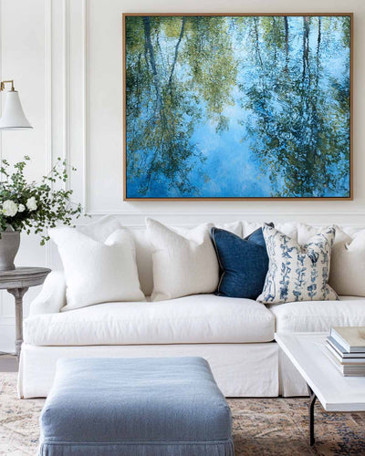 Handmade Blue Lake Landscape Oil Canvas – Minimalist Large Wall Art for Dining Space | ArtExplore