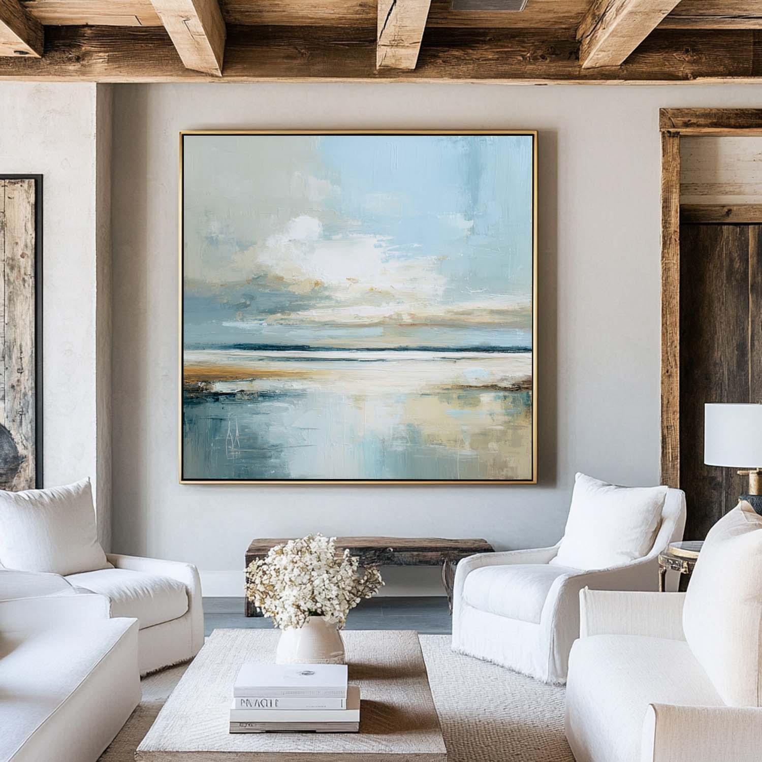 Handmade Blue Landscape Oil Painting – Minimalist Large Canvas Art for Modern Living Room or Office Wall Decor by ArtExplore