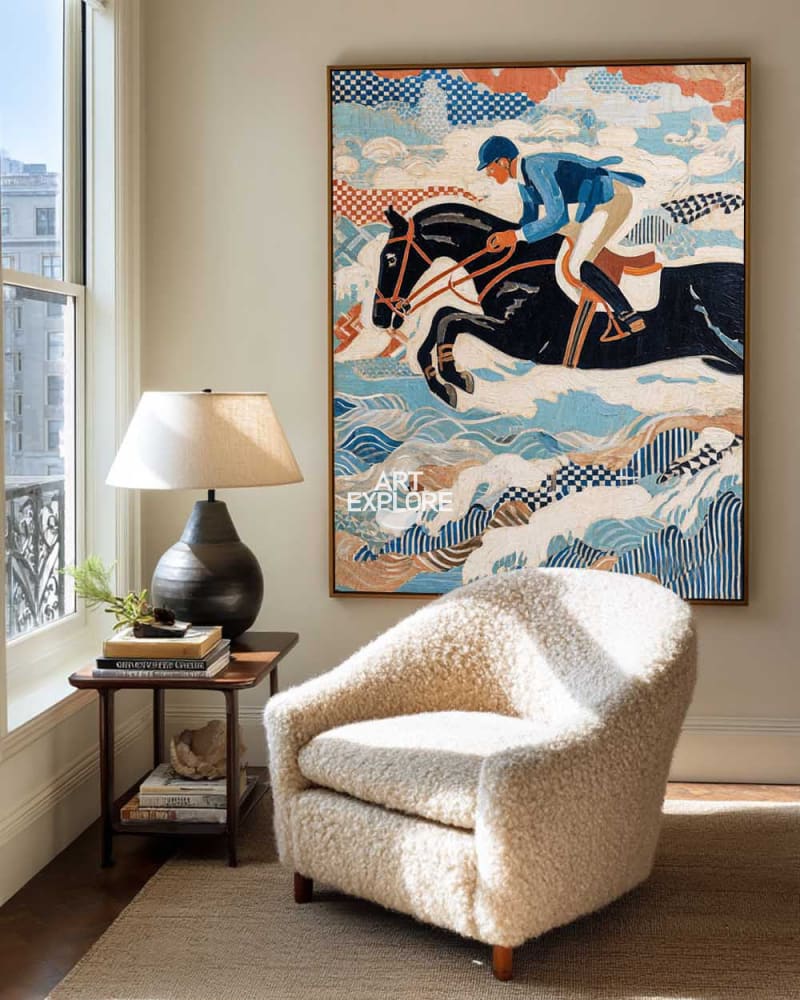 Handmade Equestrian Painting | Horse Riding Blue Textured Wall Art | ArtExplore