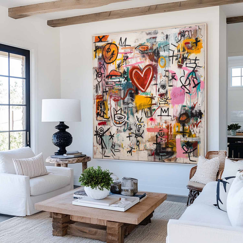 Handmade Graffiti Wall Art with Bold Heart – Large Square Canvas for Big Spaces – ArtExplore