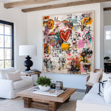 Handmade Graffiti Wall Art with Bold Heart – Large Square Canvas for Big Spaces – ArtExplore