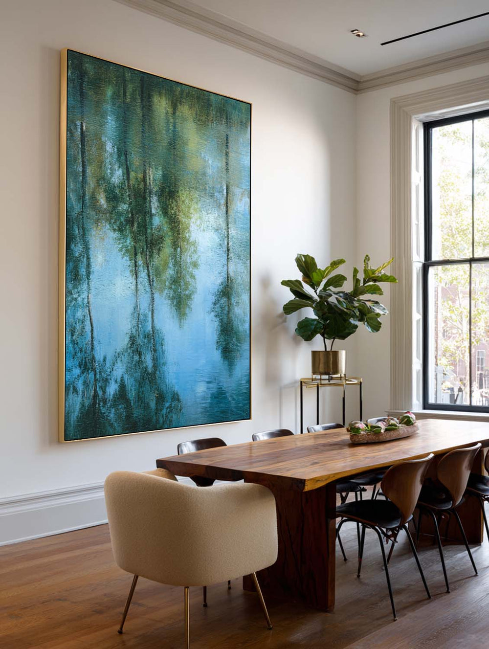 Handmade Green Reflection Oil Painting on Canvas – Vertical Wall Art for Modern Decor