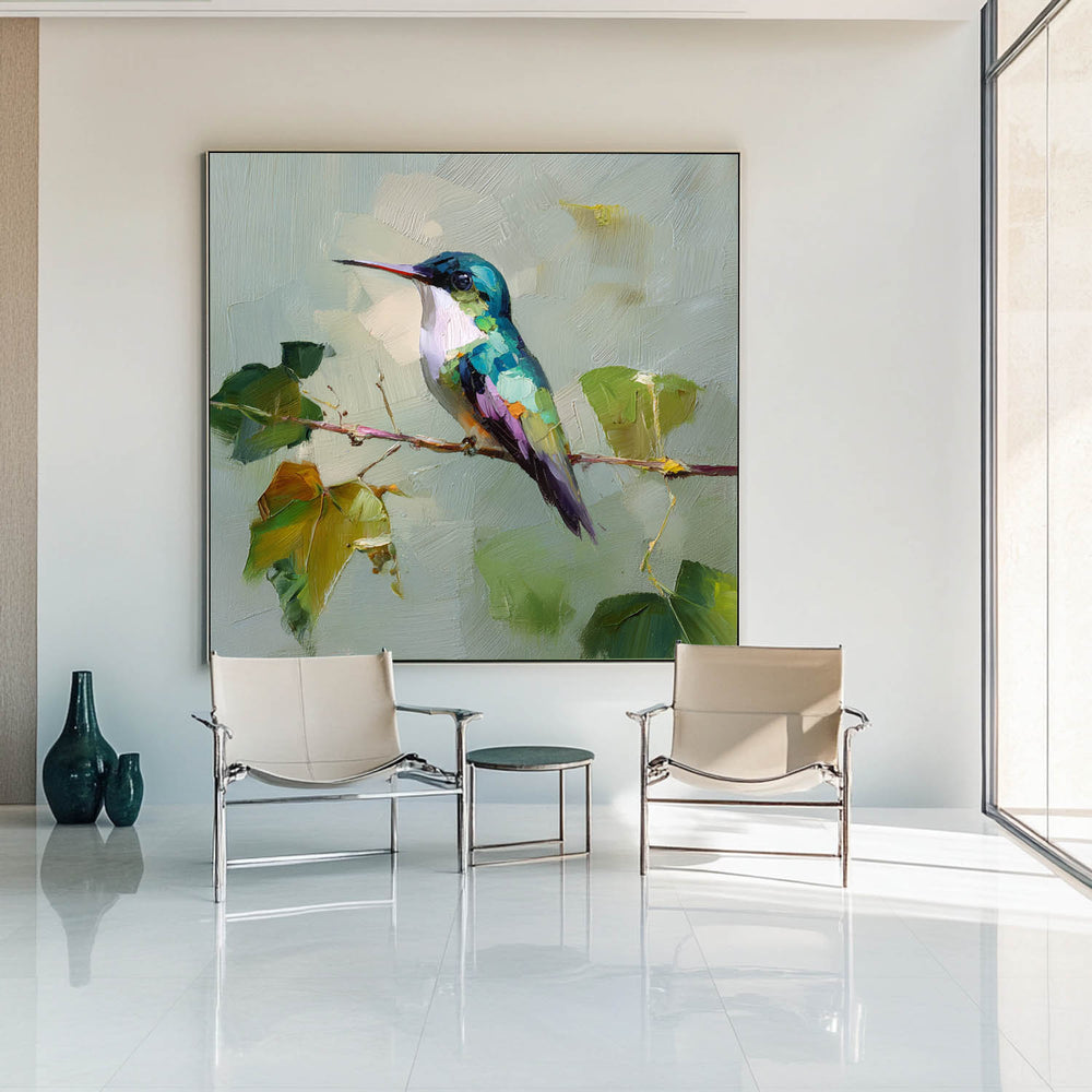 Handmade Hummingbird Oil Painting | Square Large Canvas Wall Art for Modern Interiors
