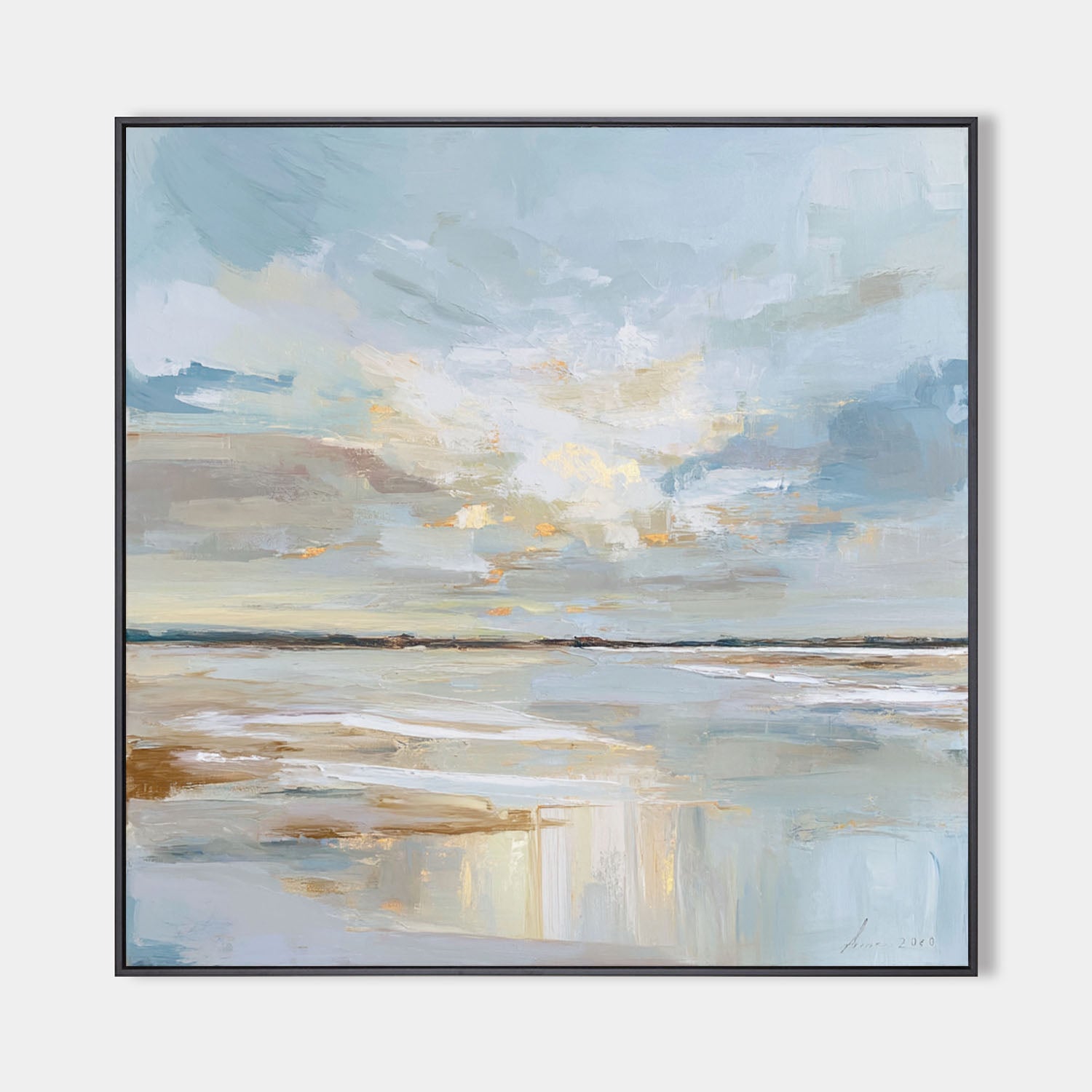 Handmade Minimalist Blue Landscape Oil Painting – Large Canvas Wall Art for Modern Interiors