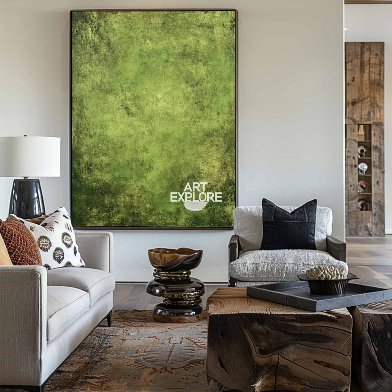 Handmade Moss Green Oil Canvas Art, Cozy Modern Minimalist Wall Decor | ArtExplore