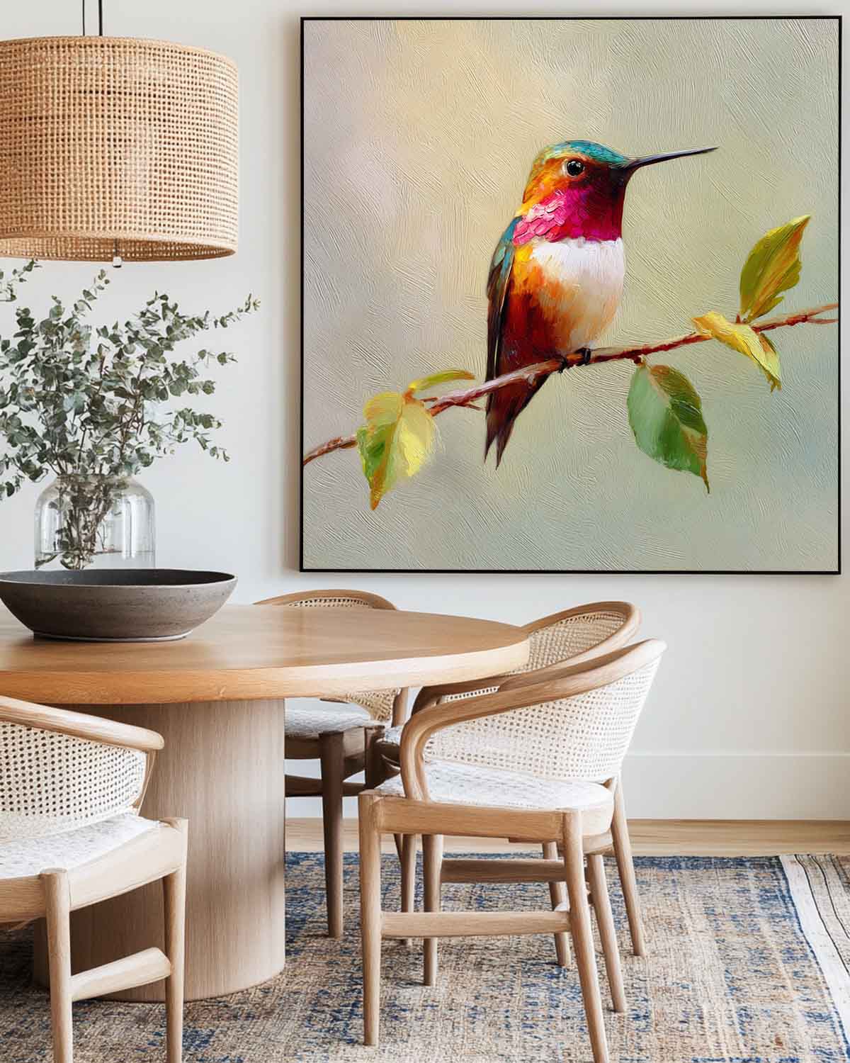 Handmade Realistic Hummingbird Canvas Painting – Square Oil Artwork for Living Room Decor | ArtExplore
