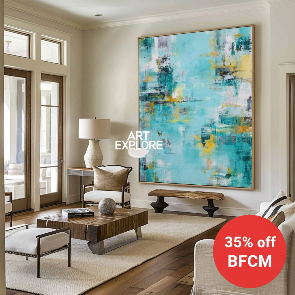 Handmade Teal Wabi-Sabi Canvas Art for Large Living Room Wall - ArtExplor