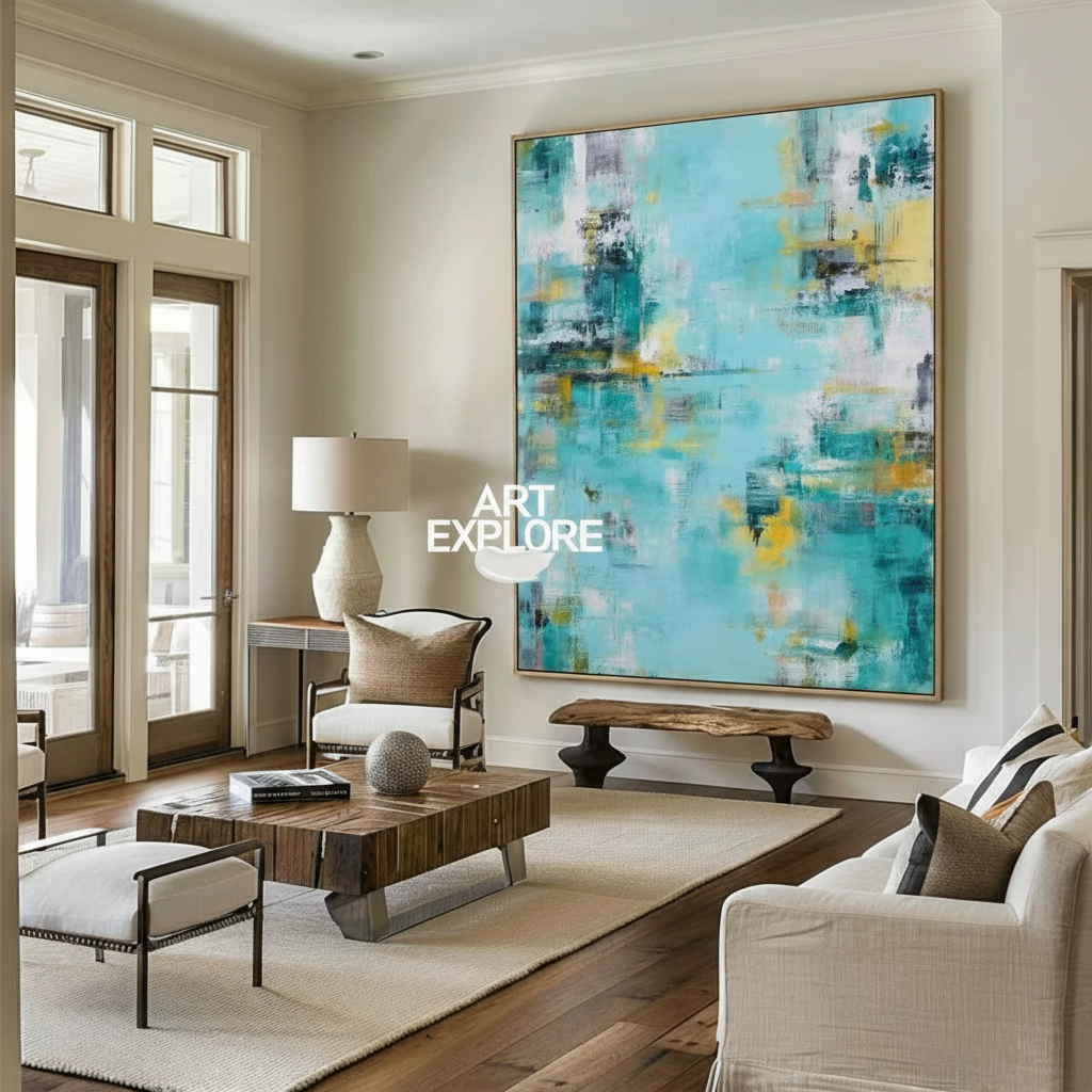 Handmade Teal Wabi-Sabi Canvas Art for Large Living Room Wall - ArtExplor