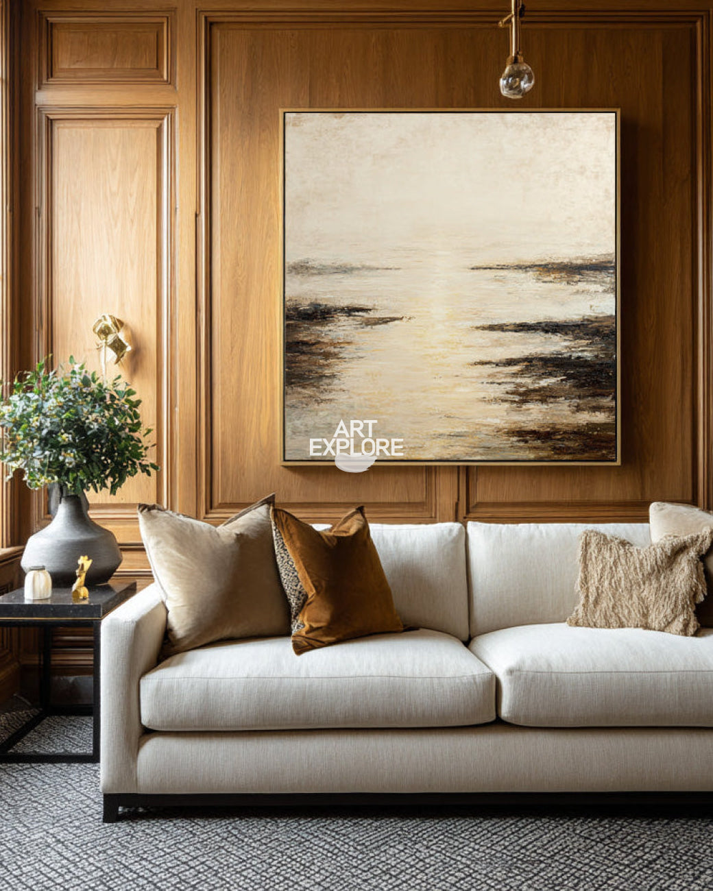 Handmade Wabi-Sabi Beige Lake View Art, Large Square Minimalist Oil on Canvas ArtExplore