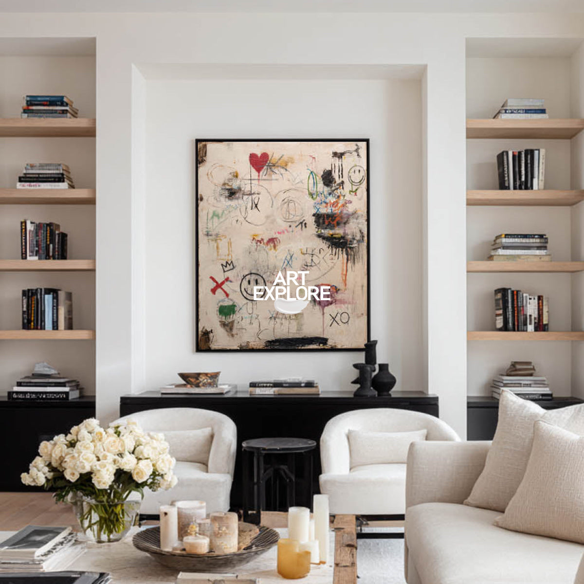 Original Abstract Graffiti Art With Smileys For Modern Living Room Decor