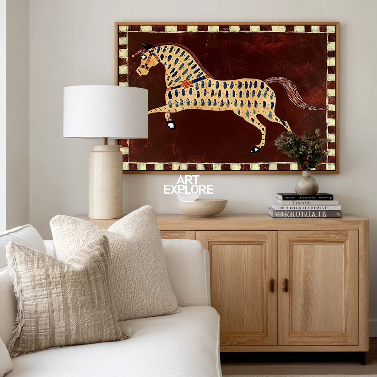 Vintage Folk Art Horse Painting On Canvas With Red Brown Tones For Living Room Decor