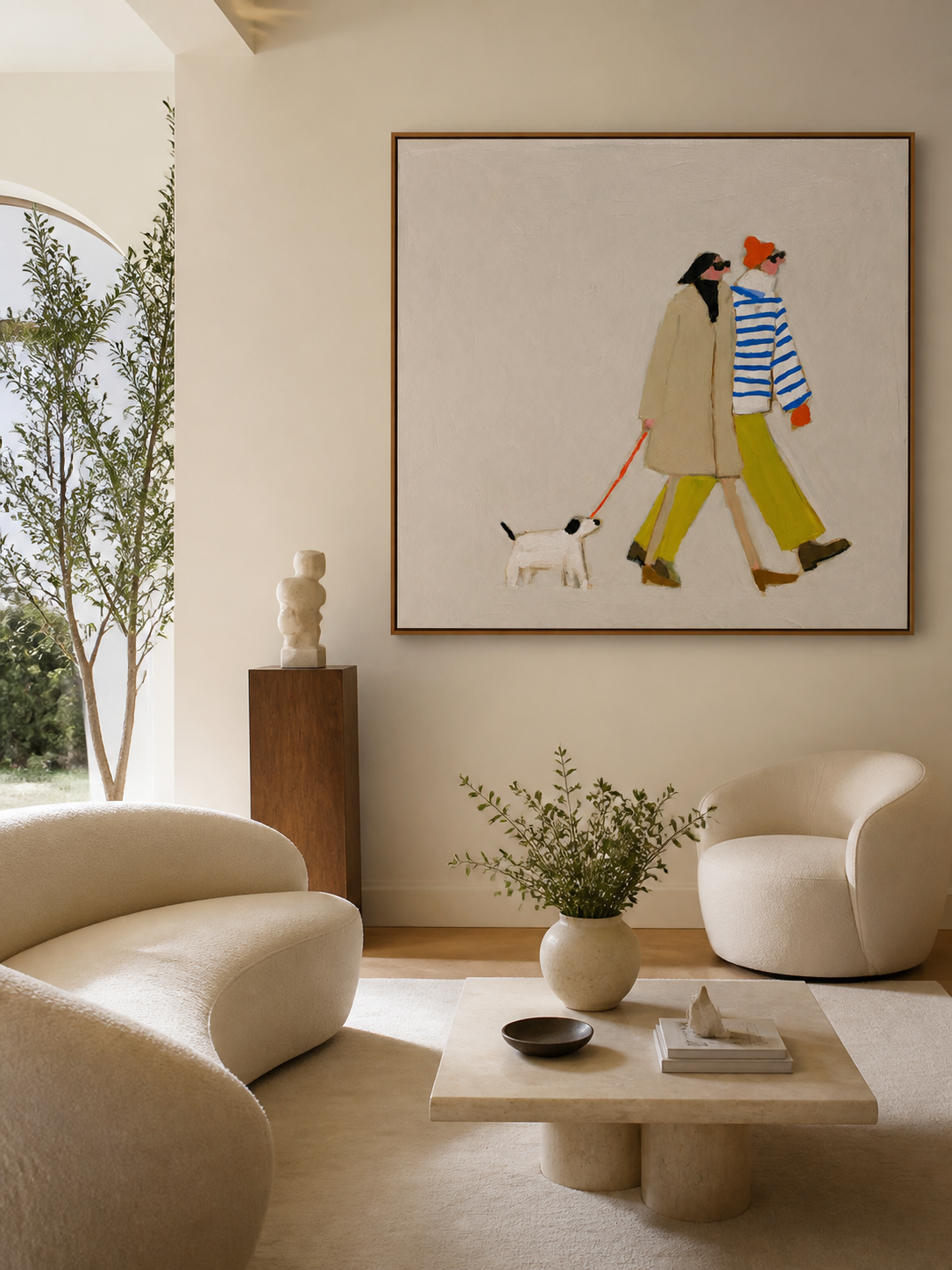 Dog Walking Couple Artwork Square Canvas Print With Vibrant Accents For Entryway