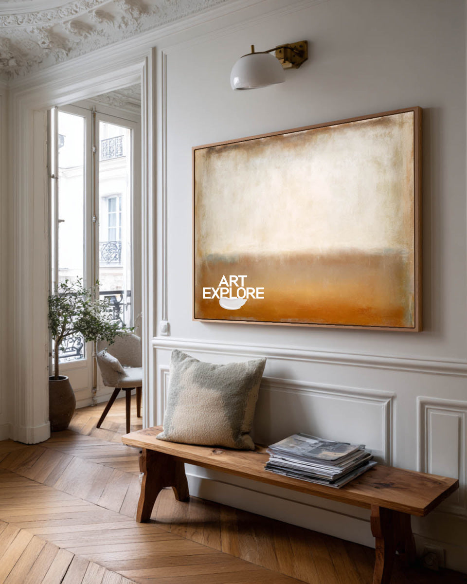 Modern Minimalist Oil Painting Beige Horizon Line Art For Contemporary Home Decor