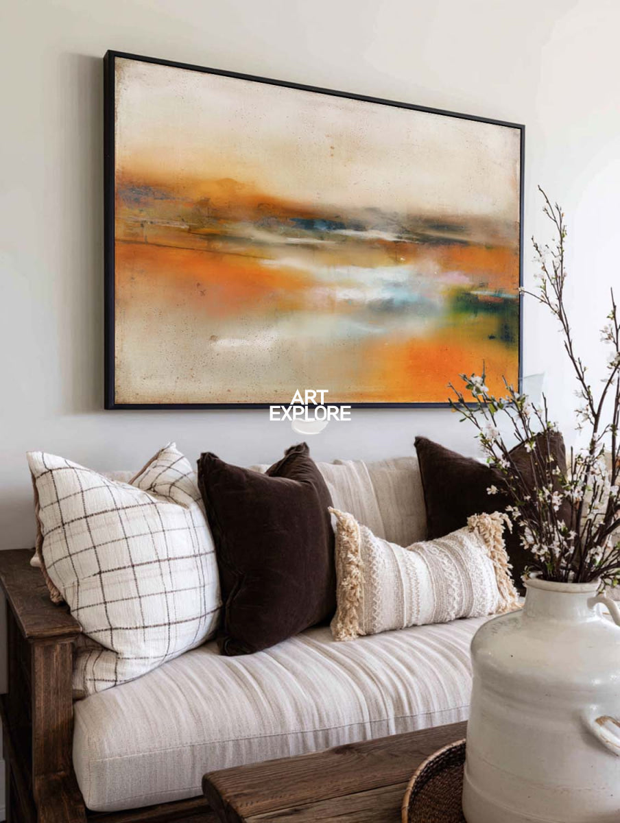 Large Abstract Landscape Painting In Brown And Amber Tones For Modern Living Room Decor