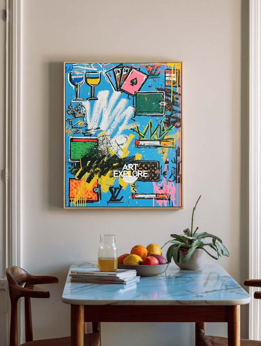 Original Graffiti Abstract Painting With Blue Background For Modern Urban Home Decor