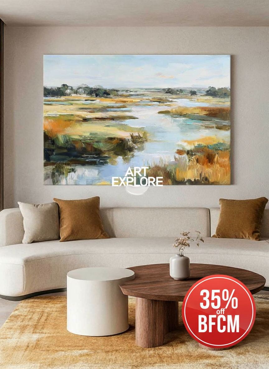 Horizontal Landscape Painting in Blue and Beige, Minimalist Wall Decor – ArtExplore