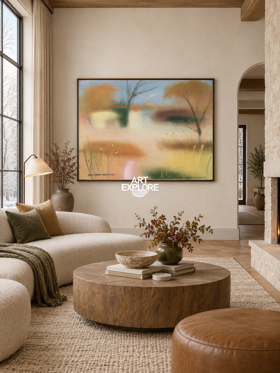 Abstract Brown Landscape Canvas Painting Hand-Painted Original Art With Green Tones