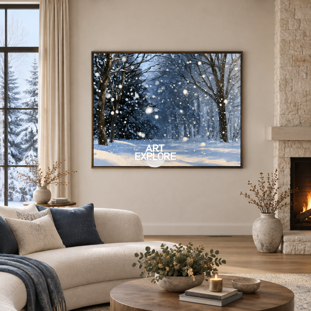 Abstract Winter Forest Landscape Hand-Painted Canvas Art In Blue And White