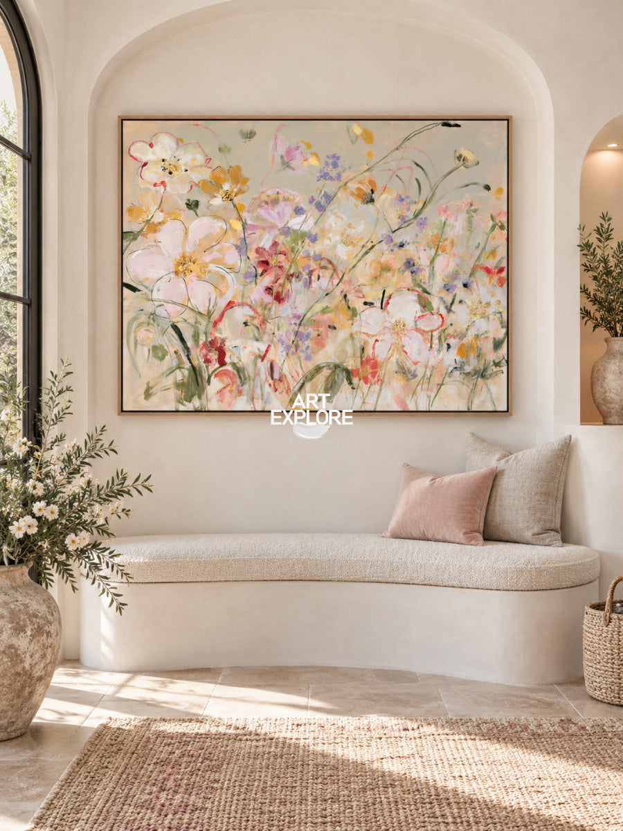 Abstract Floral Canvas Painting With Colorful Textured Flowers For Modern Wall Art