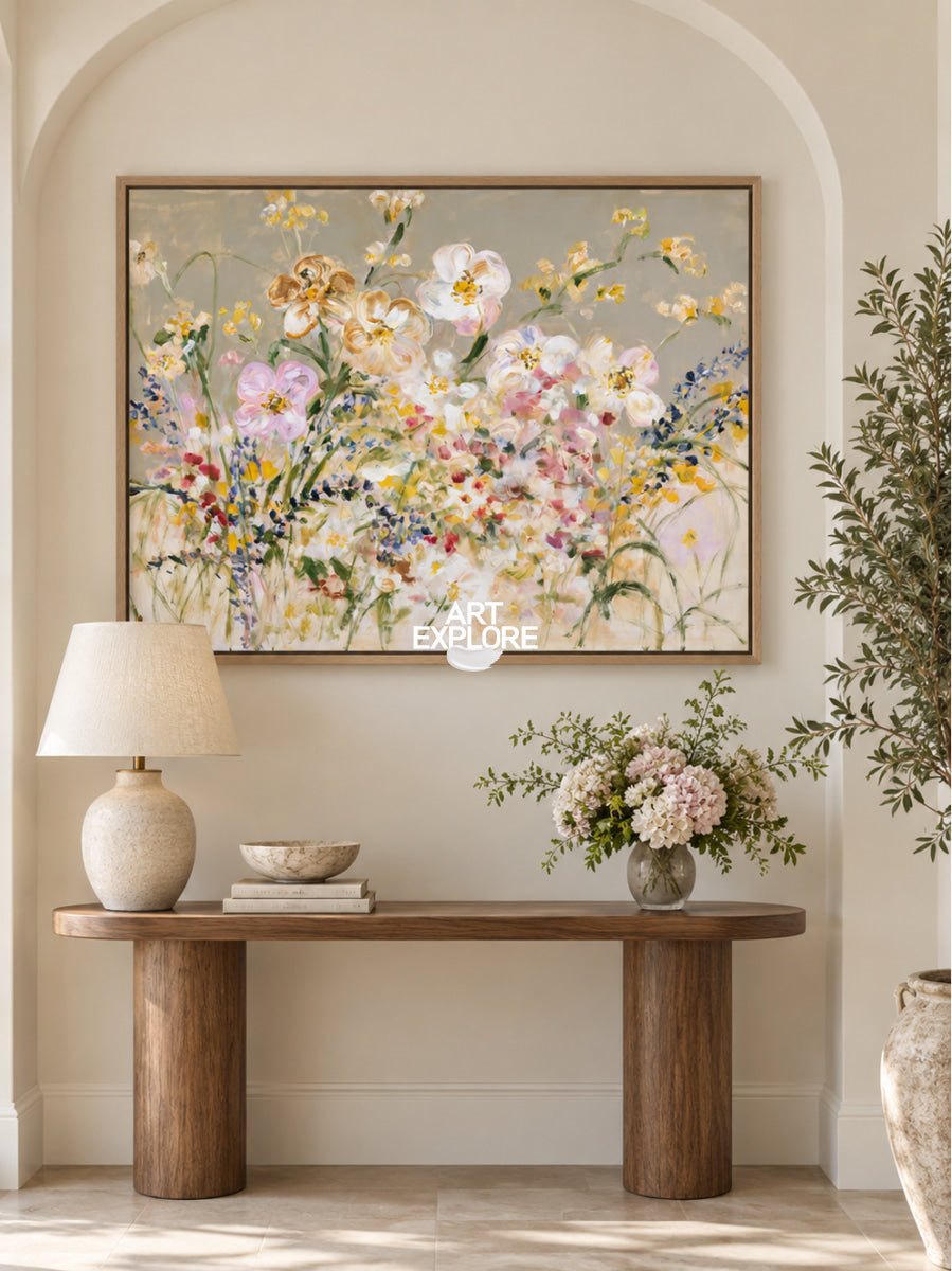 Abstract Floral Canvas Painting With Textured Colorful Flowers For Modern Home Decor