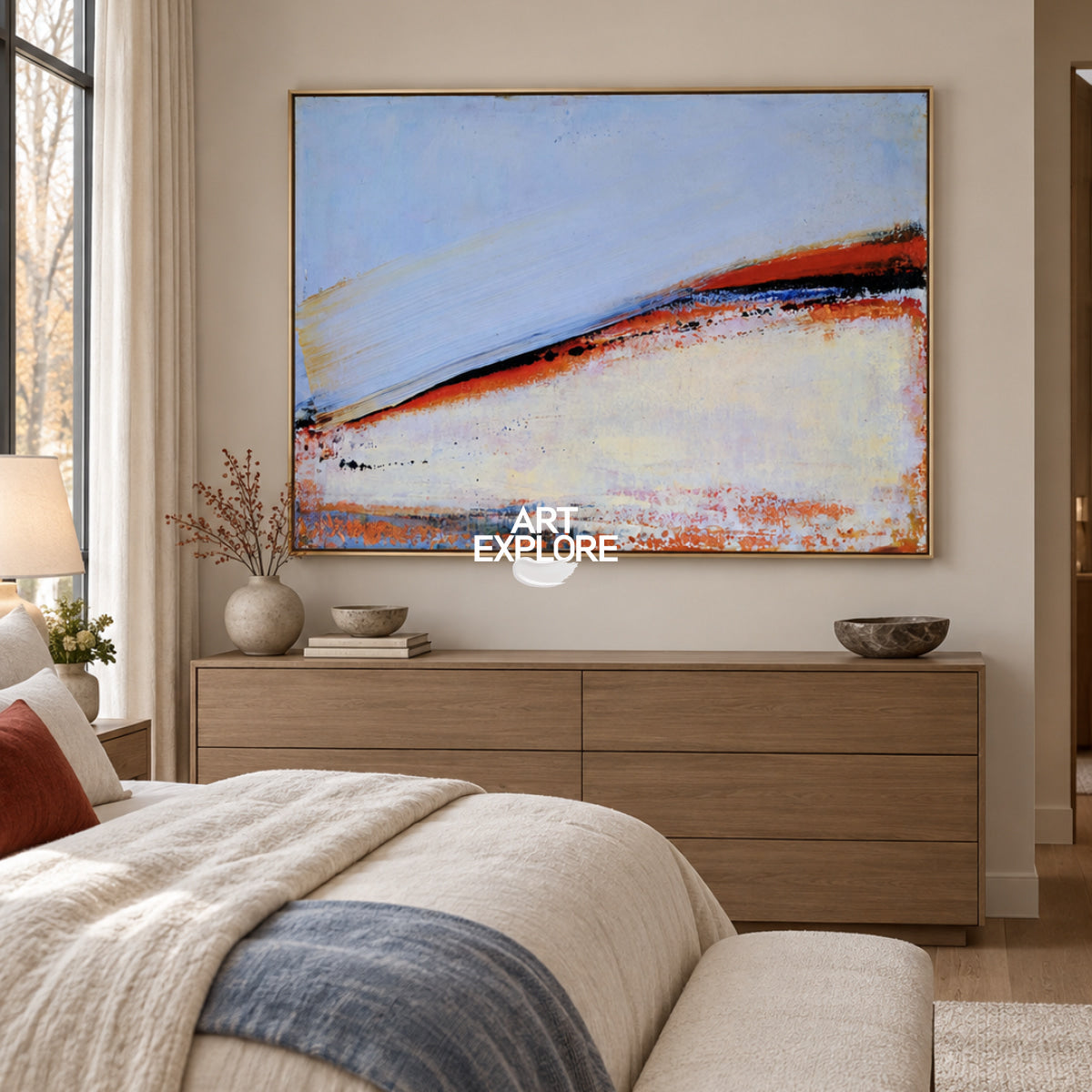Contemporary Abstract Painting With Textured Blue Red Tones