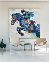 Horse Racing Wall Art | Large Blue Equestrian Oil Painting Handmade ArtExplore