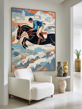 Horse Riding Wall Art | Large Blue Textured Oil Painting for Home | ArtExplore