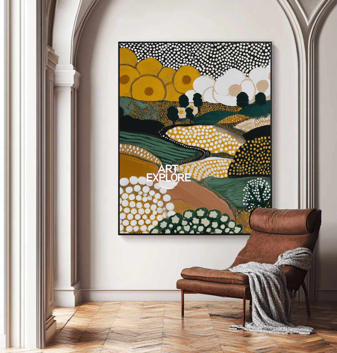 Modern Abstract Landscape Art With Spot Patterns In Earth Tones For Living Room Decor