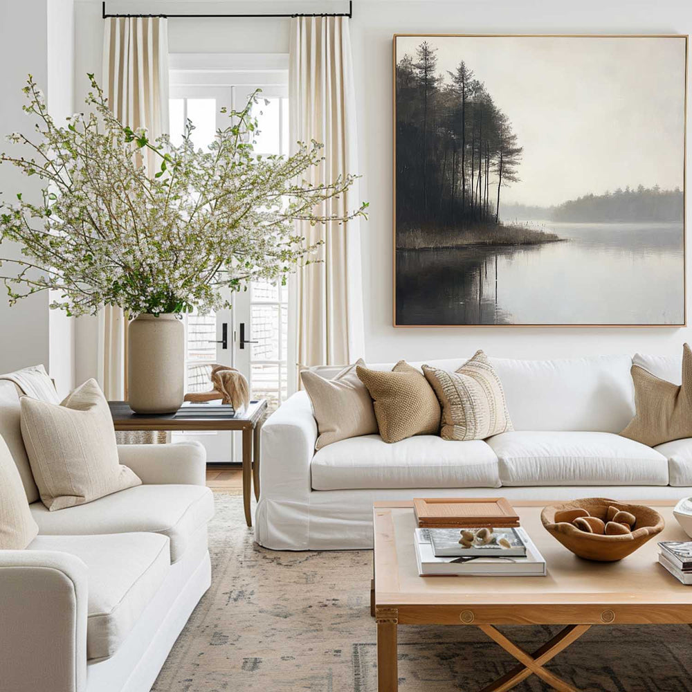 Large Lake Scenery Painting Textured Landscape Lake Canvas Wall Art Black White Painting For Sale