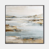 Lake View Landscape Wall Art | Large Beige Blue Textured Canvas Art For Sale | ArtExplore