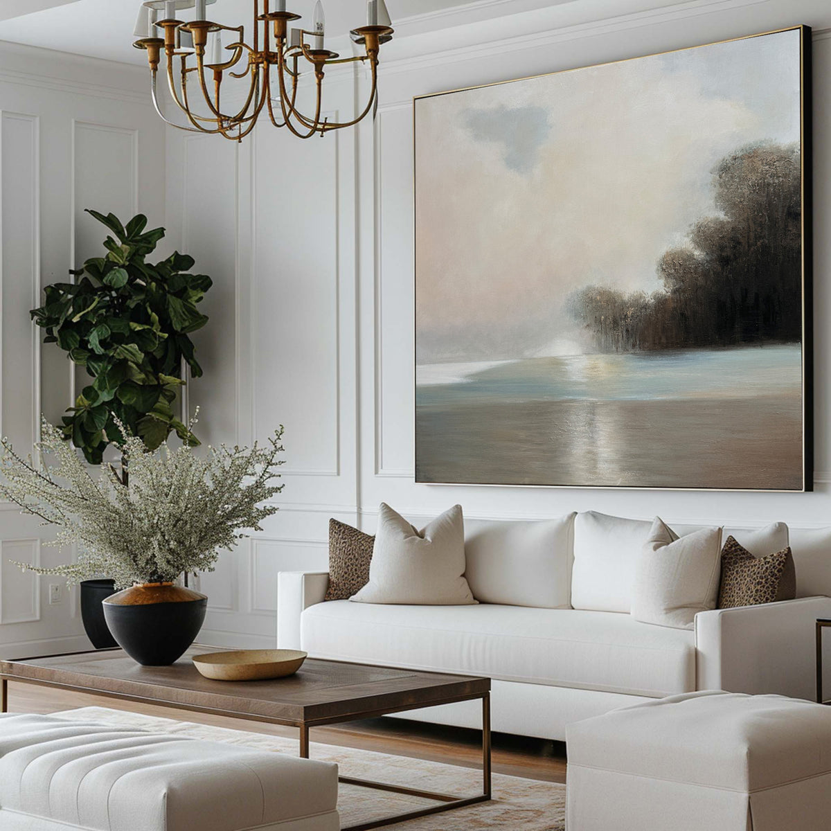 Lake View Painting Landscape Art Beige Landscape Canvas Art Lake Painting For Livingroom