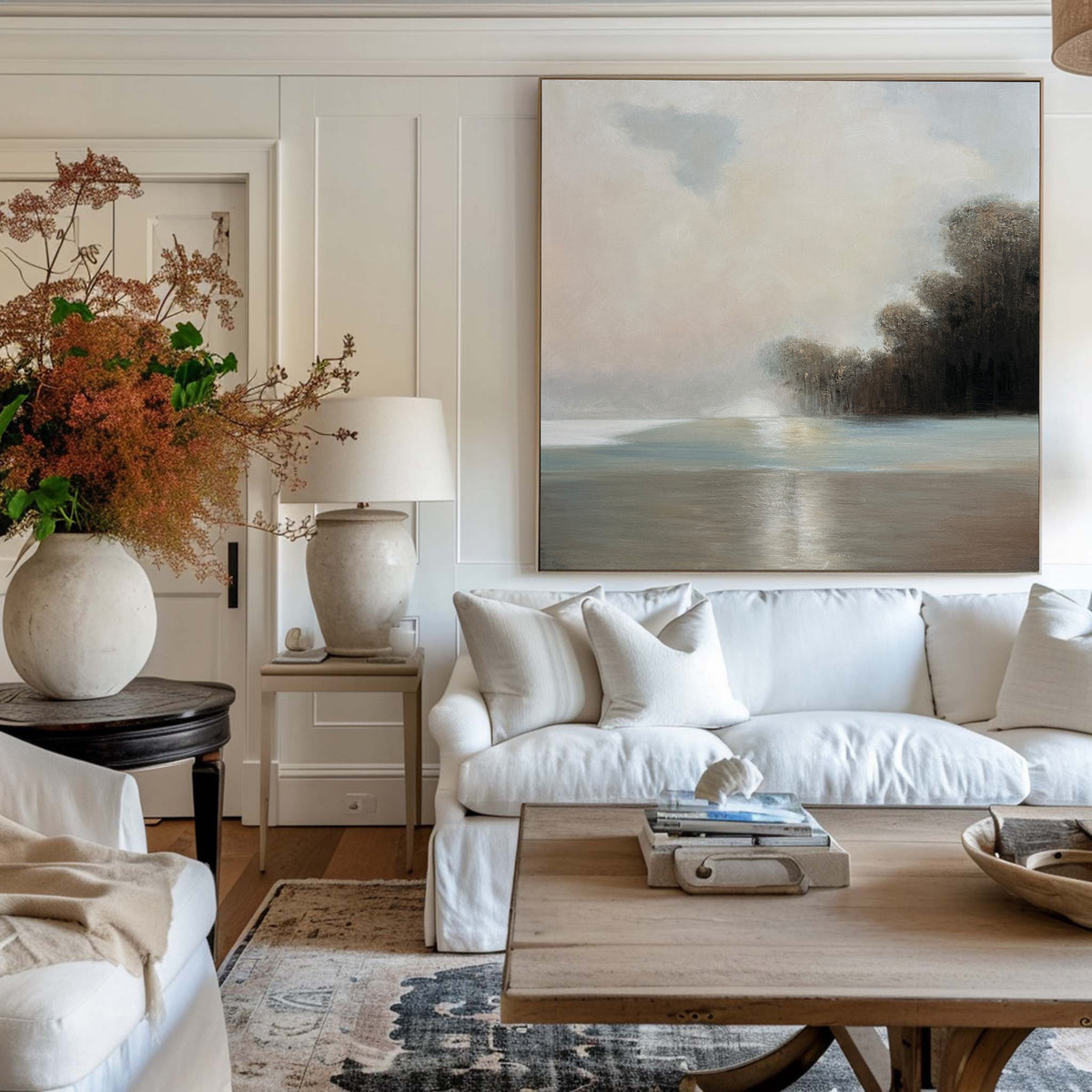 Lake View Painting Landscape Art Beige Landscape Canvas Art Lake Painting For Livingroom