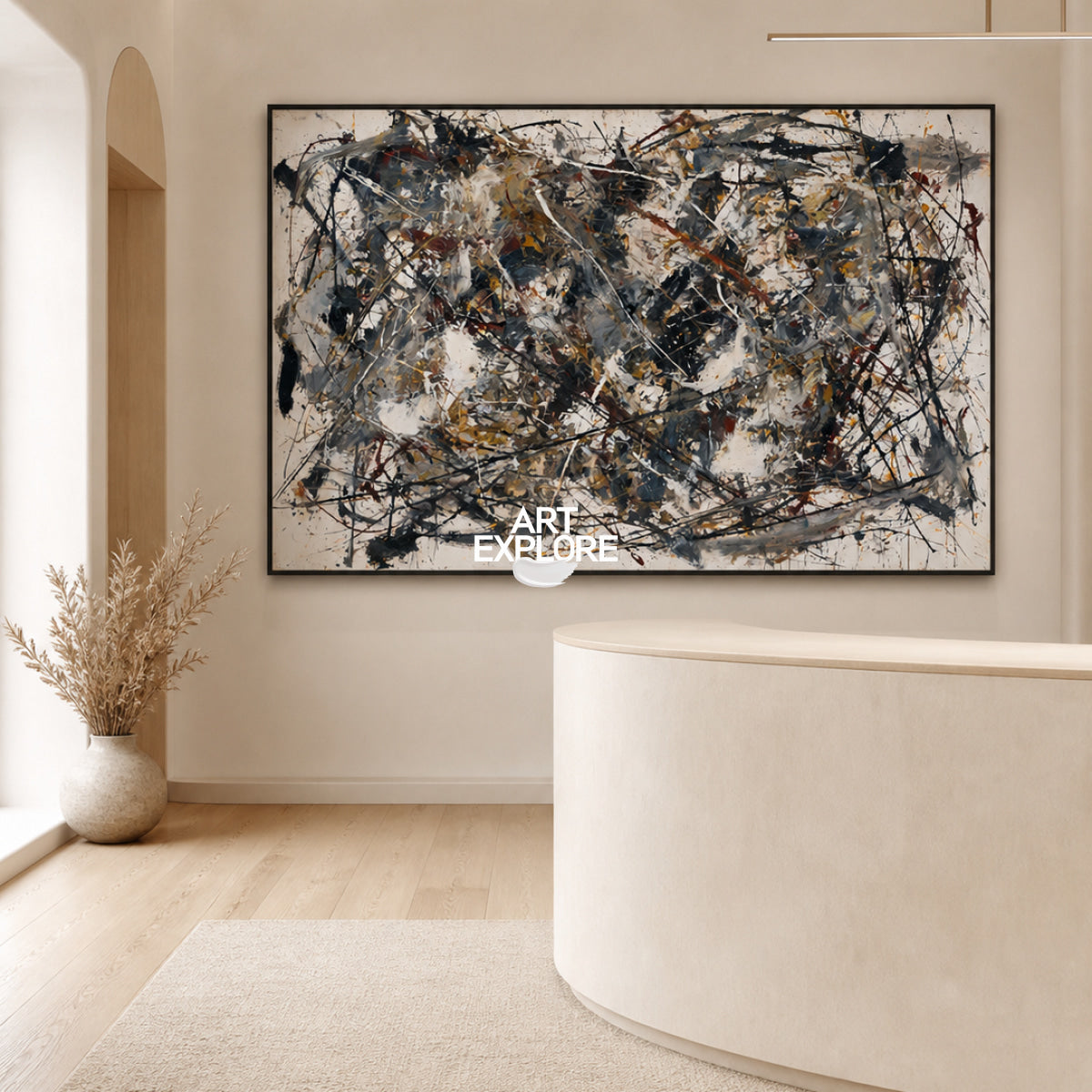 Bold Abstract Canvas Painting With Black And Beige Strokes For Modern Art Lovers