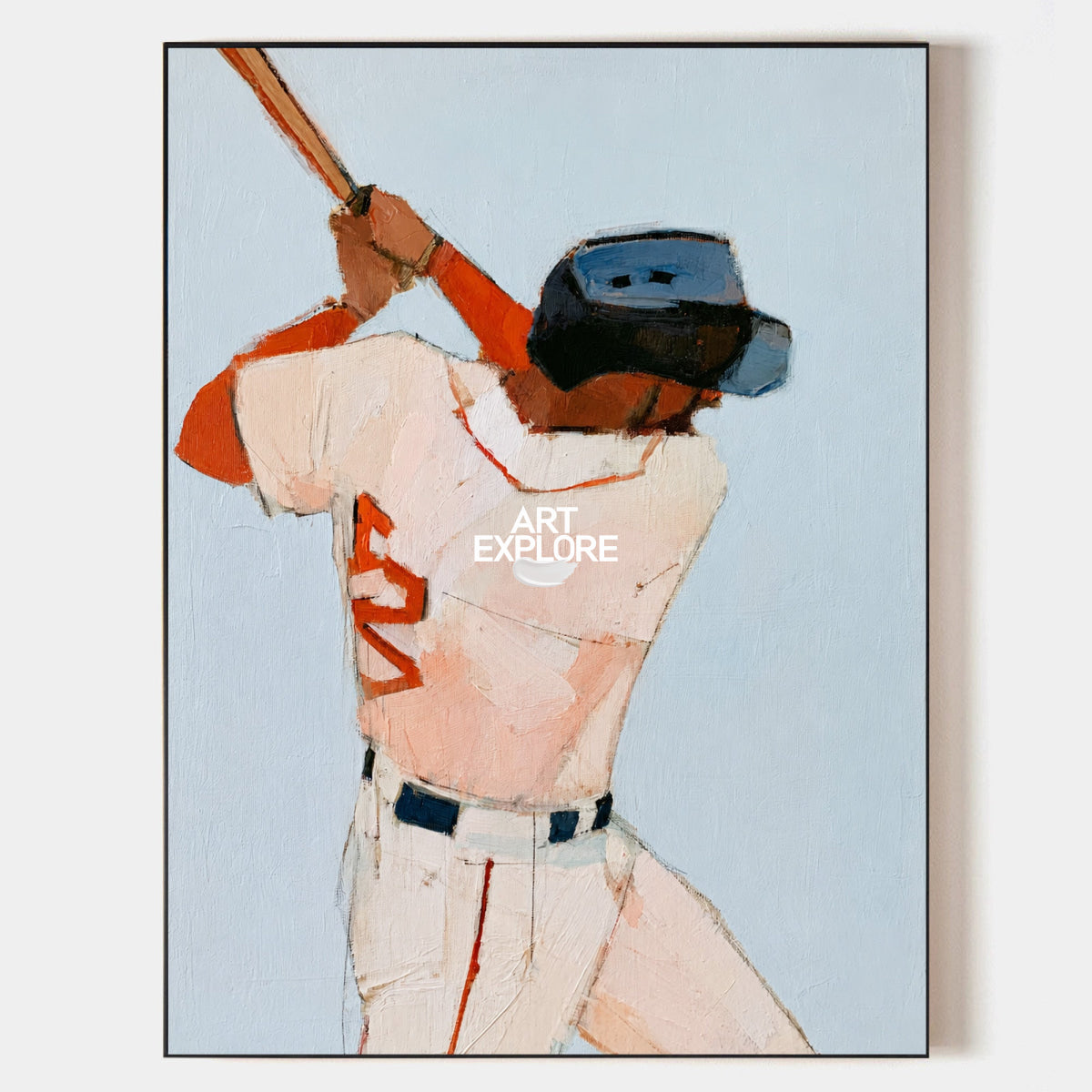 Abstract Baseball Player Painting Blue And White Original Oil Art For Game Room