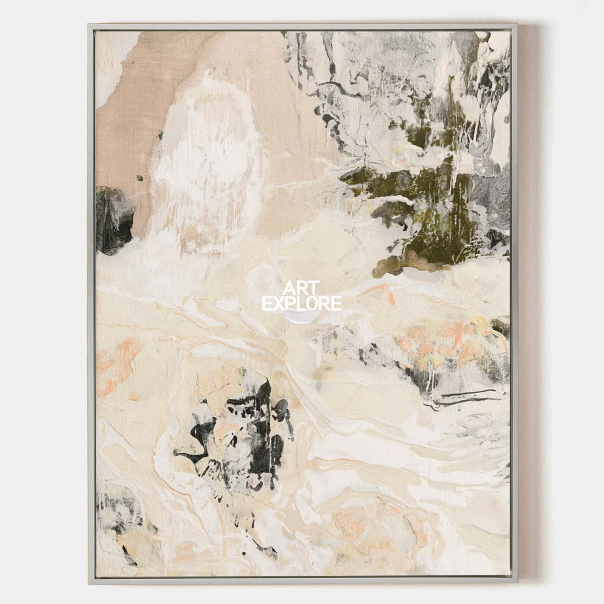 Abstract Beige Canvas Painting With White And Black Tones For Modern Wall Art