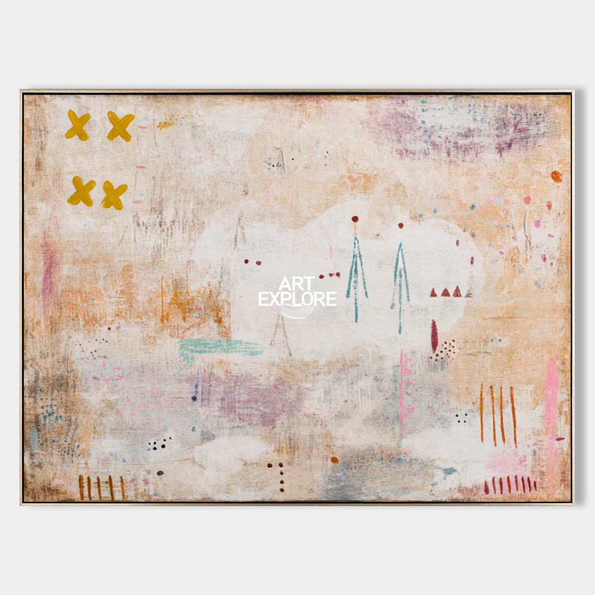 Large Abstract Beige Painting With Pink Accents For Modern Living Room Decor